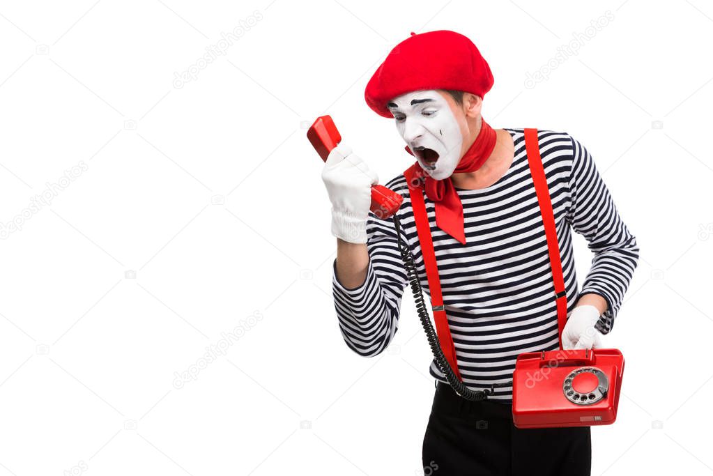 mime shouting in stationary telephone isolated on white