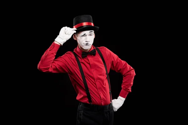 Mime Blinka Och Hälsning Med Hatt Isolerade Svart — Stockfoto