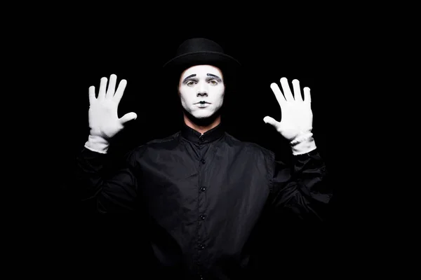 Mime Pretending Touching Something Hands Isolated Black — Stock Photo, Image