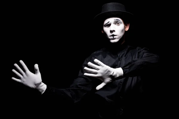 Mime Pretending Touching Something Isolated Black — Stock Photo, Image