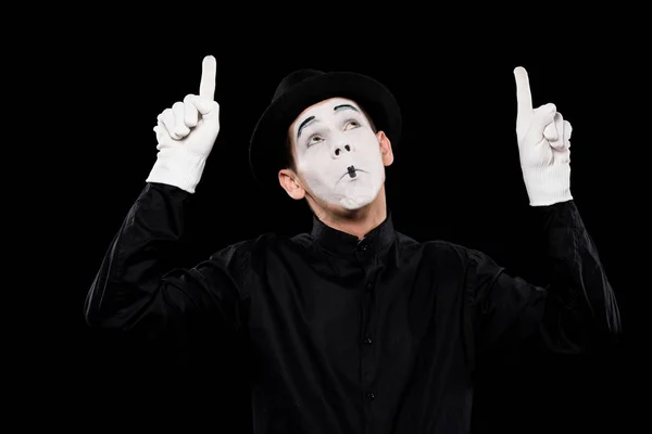 Grimacing Mime Pointing Something Isolated Black — Stock Photo, Image