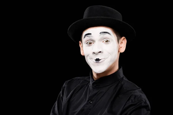 Happy Mime Při Pohledu Fotoaparát Izolované Černém Pozadí — Stock fotografie