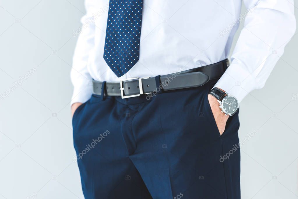 cropped view of businessman with hands in pockets, isolated on grey