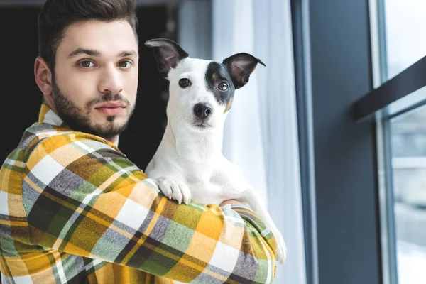 Skäggig Man Håller Jack Russell Terrier Hund Och Stående Fönster — Stockfoto