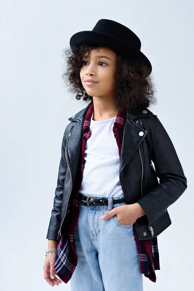 Stylish Little Child Leather Jacket Looking Away Isolated Grey — Free Stock Photo