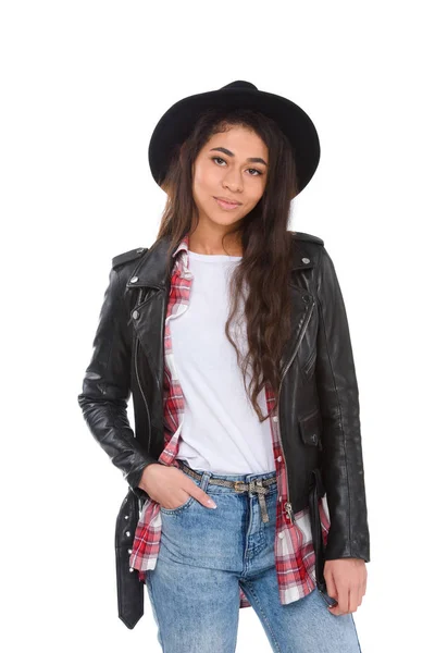 Smiling Young Woman Hat Leather Jacket Looking Camera Isolated White — Stock Photo, Image