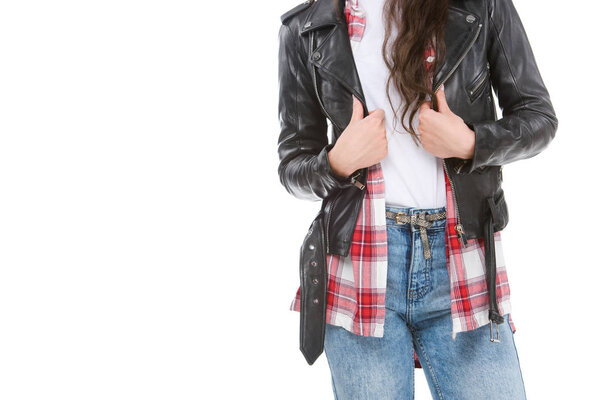 cropped shot of woman in stylish leather jacket isolated on white