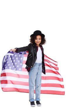 beautiful little child in stylish hat and leather jacket with usa flag isolated on white clipart