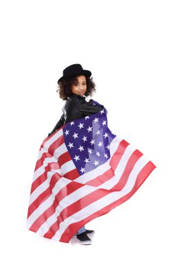 happy little child in stylish hat with usa flag isolated on white clipart