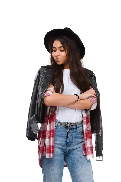 Young Woman Stylish Clothing Hat Crossed Arms Isolated White — Stock Photo, Image