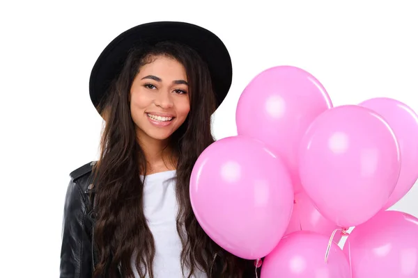 Gelukkig Jonge Vrouw Leren Jas Met Ballonnen Geïsoleerd Wit — Stockfoto
