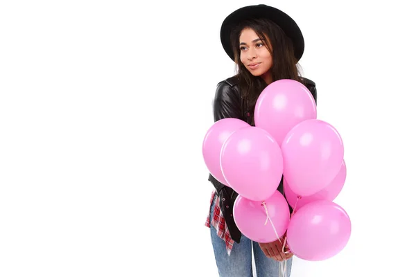 Beautiful Young Woman Leather Jacket Balloons Isolated White — Free Stock Photo