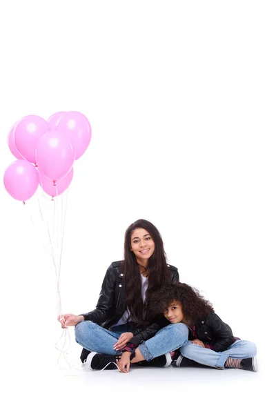 Mother Daughter Leather Jackets Bunch Pink Balloons Isolated White — Free Stock Photo
