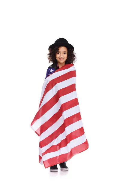 Niño Afroamericano Sombrero Cubierto Con Bandera Aislado Blanco — Foto de Stock