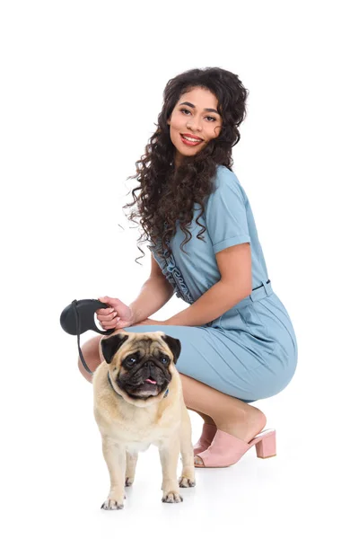 Attractive Young Woman Leashed Pug Isolated White — Stock Photo, Image