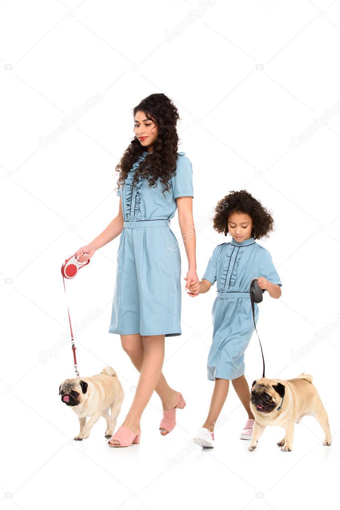 young mother and daughter in similar dresses walking with pugs isolated on white