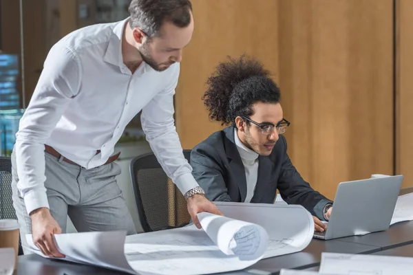 Architects Working Building Plans Laptop Office — Stock Photo, Image