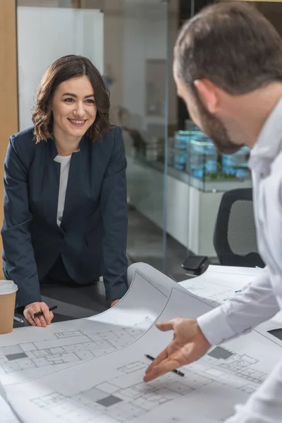 Architects Working Building Plans Together Office — Stock Photo, Image