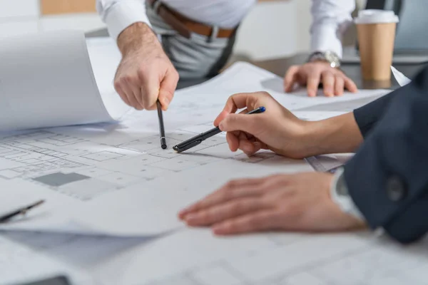 Cropped Shot Architects Working Building Plans Together Office — Stock Photo, Image