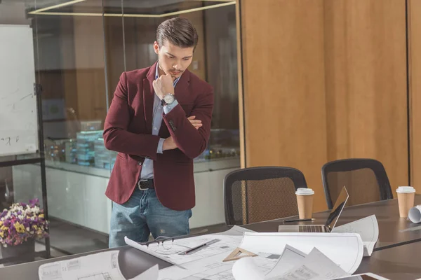 Thoughtful Young Architect Looking Building Plans Office — Stock Photo, Image