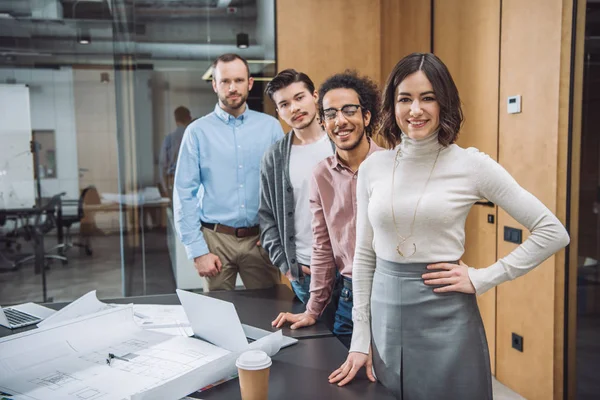 Group Successful Architects Standing Row Looking Camera Office — Stock Photo, Image