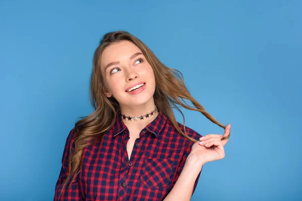 Attractive Young Dreamy Girl Isolated Blue — Stock Photo, Image