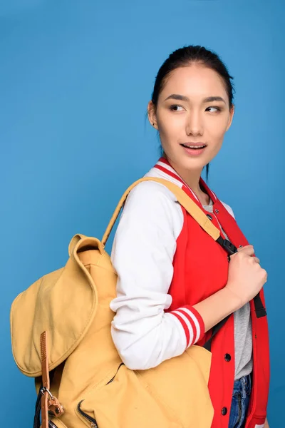 Portret Piękne Azjatyckie Student Plecaka Niebieskim Tle — Zdjęcie stockowe