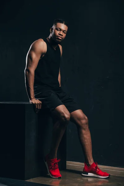 Full Length View Handsome Young African American Sportsman Sitting Looking — Stock Photo, Image