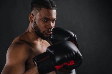 Genç gömleksiz Afrikalı-Amerikalı boksör boks eldiven siyah izole kamera bakıyor 