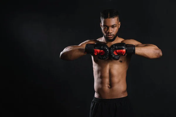 肌肉赤裸上身的非洲美国拳击手在拳击手套看相机孤立黑色 — 图库照片
