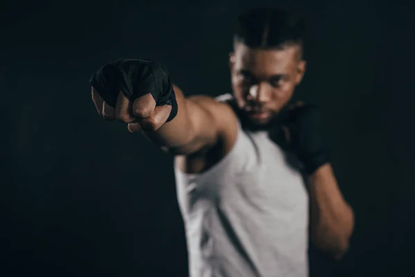 Close View Young African American Kickboxer Training Black — Stock Photo, Image