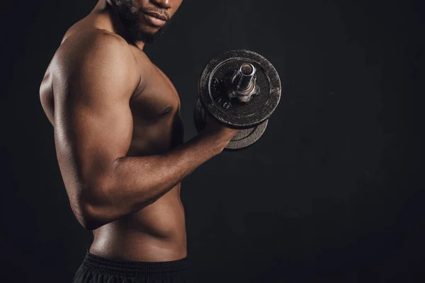 Cropped Shot Muscular Shirtless African American Man Exercising Dumbbell Isolated — Stock Photo, Image