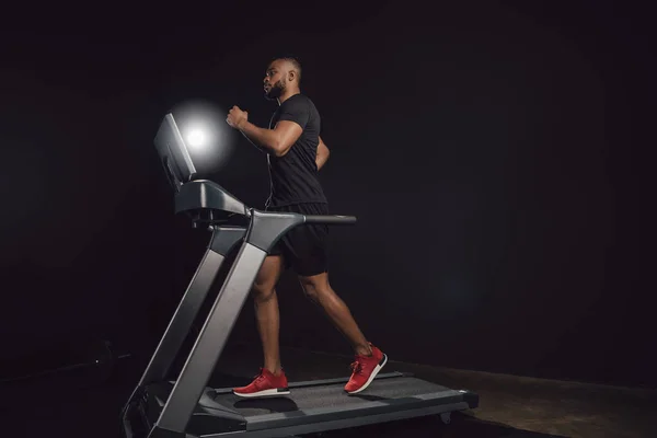 Side View Athletic Young African American Man Running Treadmill Black — Stock Photo, Image