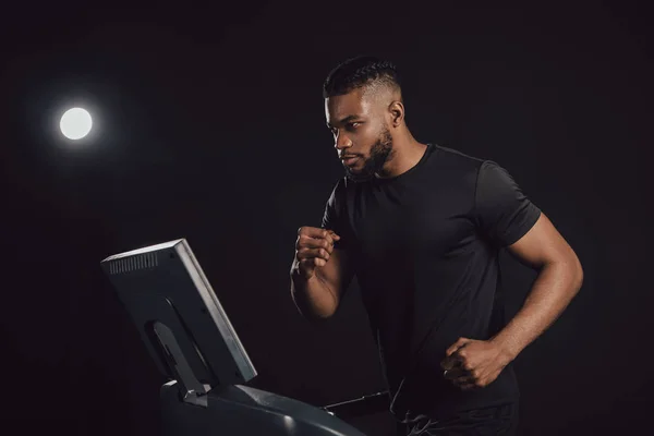 Athletic Young African American Man Running Treadmill Black — Stock Photo, Image