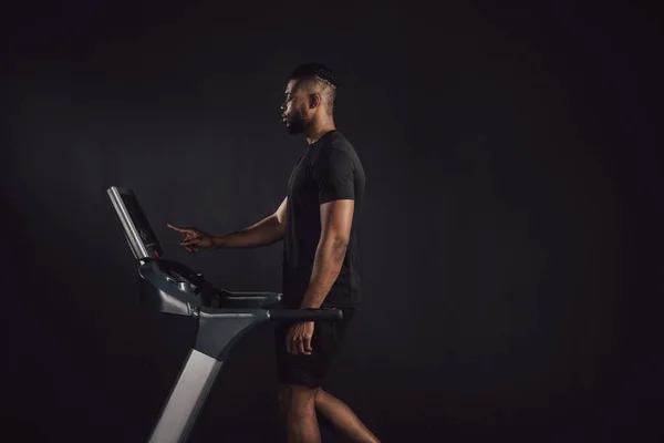Side View Athletic Young African American Man Exercising Treadmill Isolated — Stock Photo, Image