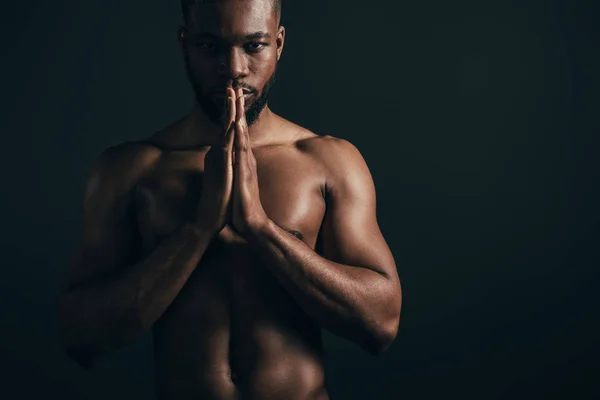 Serious Shirtless Young African American Sportsman Looking Camera Isolated Black — Stock Photo, Image