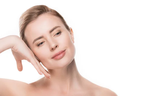 Female Clean Skin Touching Own Face Isolated White — Stock Photo, Image