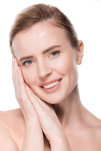 Portrait Female Clean Skin Touching Own Face Isolated White — Stock Photo, Image