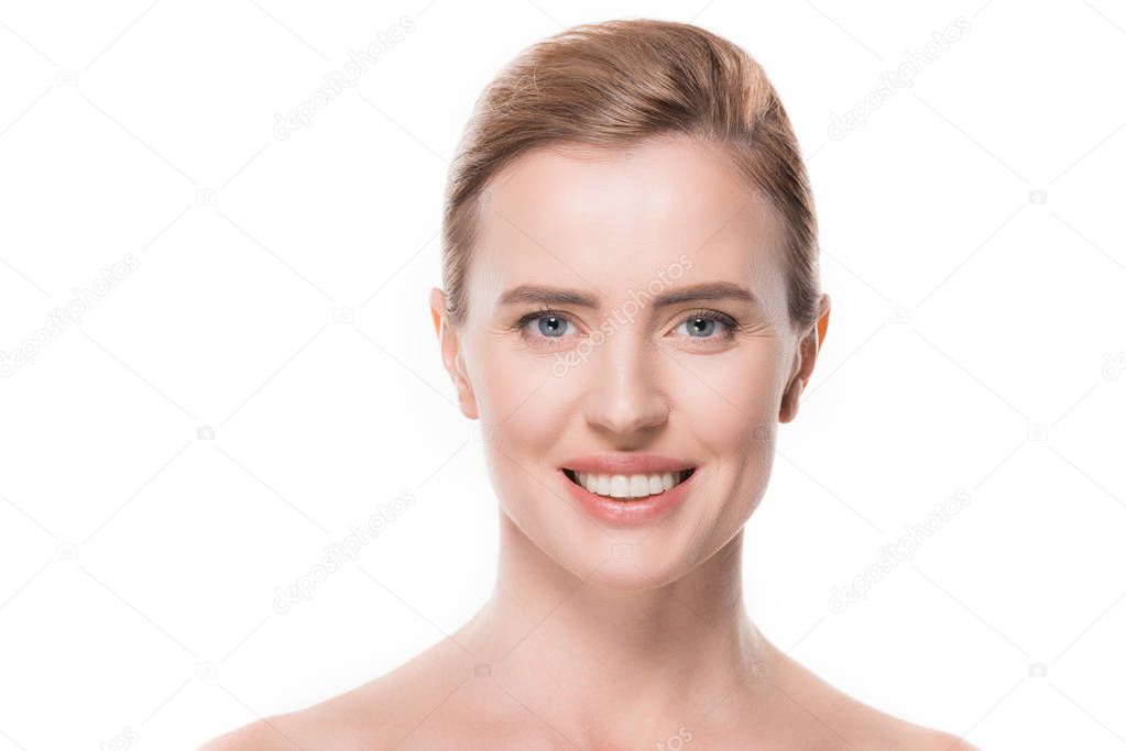 Portrait of woman with fresh clean skin isolated on white