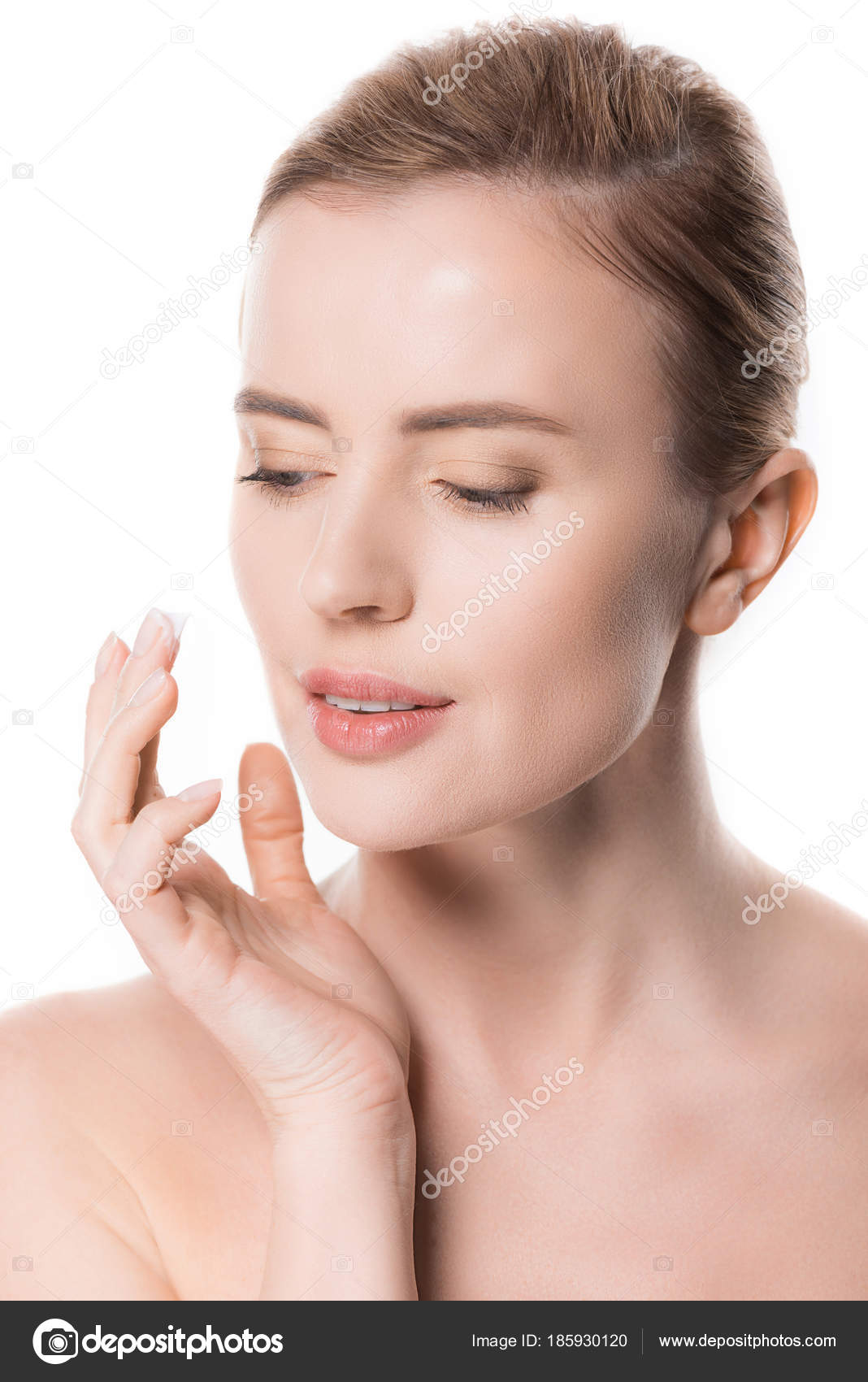 Portrait Woman Applying Cream Face Isolated White — Stock Photo