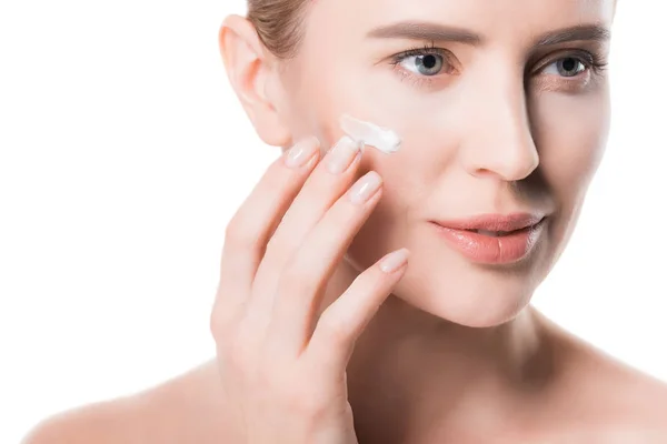 Female Applying Cream Face Isolated White — Stock Photo, Image