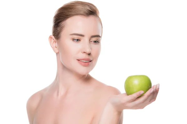 Female Clean Skin Holding Apple Isolated White — Stock Photo, Image