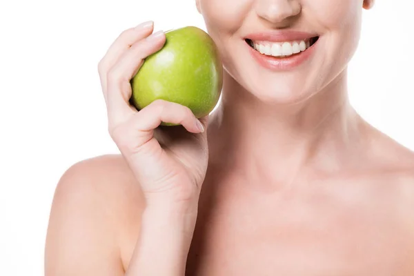 Cropped View Smiling Female Clean Skin Holding Apple Isolated White — Stock Photo, Image