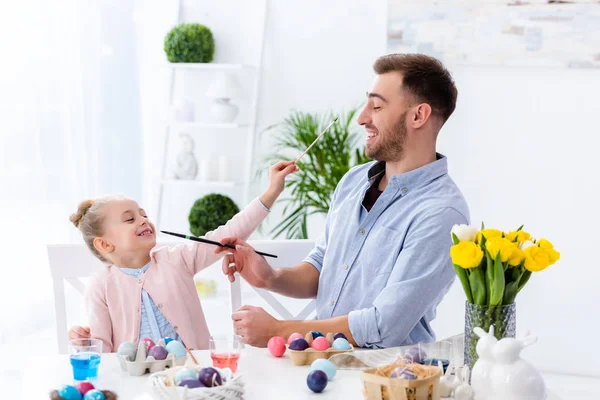 Father Daughter Having Fun While Painting Eggs Easter — Stock Photo, Image