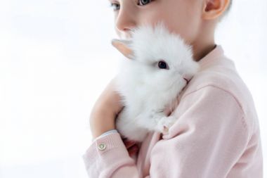 Adorable kid hugging white rabbit  clipart