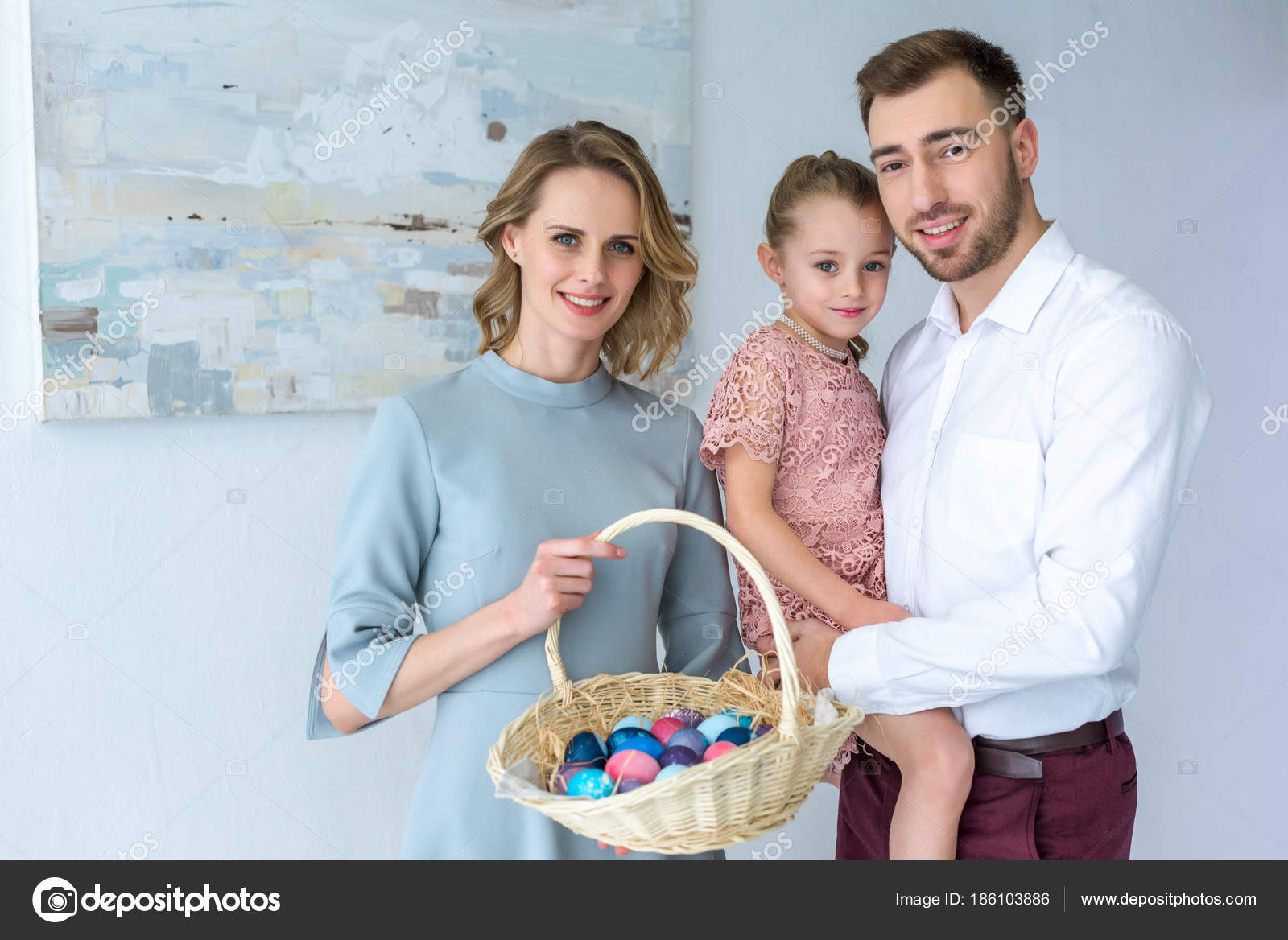 Family Celebrating Easter Painted Eggs Basket — Stock Photo