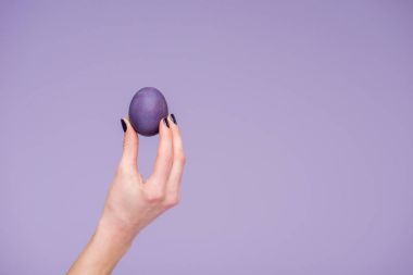 Violet izole kadın elinde Paskalya yortusu yumurta
