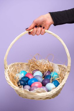 El ile violet izole renkli yumurtalı Paskalya sepeti