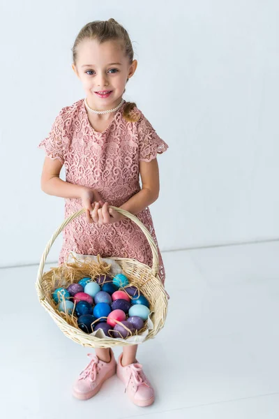 Child Girl Holding Easter Eggs Basket — Stock Photo, Image