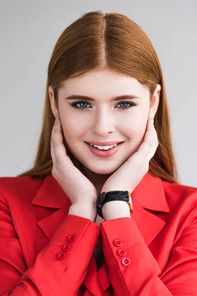 Retrato Modelo Femenino Joven Sonriente Con Reloj Pulsera Aislado Gris —  Fotos de Stock